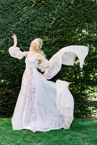 Beautiful unique silk organza floral Aline wedding dress. Hand made in Canada. Off the rack or custom made.