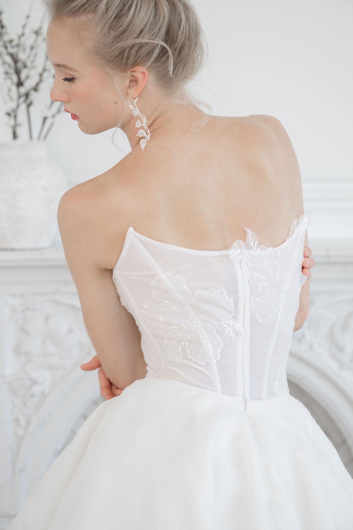 Corset wedding dress in silk organza. Beautiful dropped waist ballgown. Custom made and designed by Catherine Langlois, Toronto.