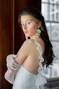 Unique blue silk wedding dress.  Aline, train. Expertly crafted by Catherine Langlois, Toronto