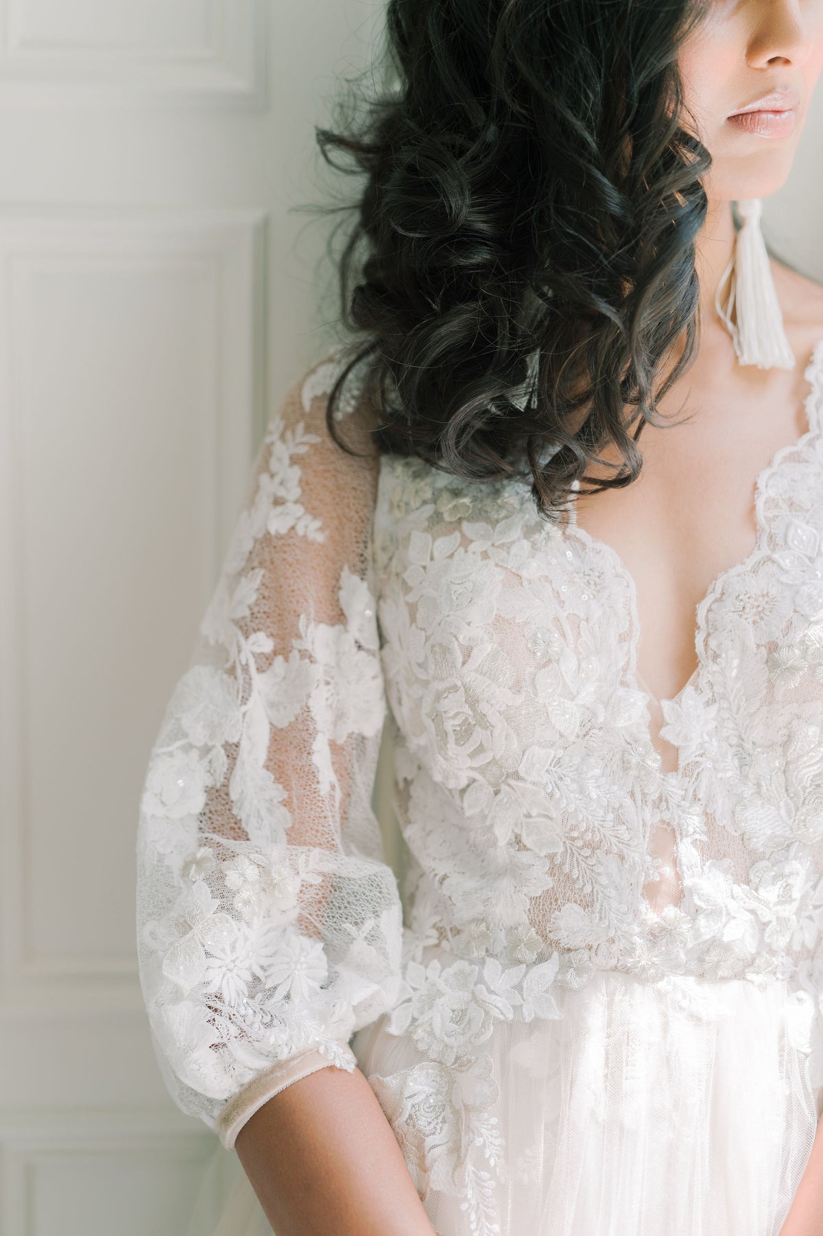 Romantic airy champagne wedding dress. Tulle and French lace. Vintage velvet ribbon. Catherine Langlois, Toronto