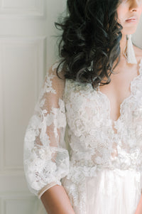 Romantic airy champagne wedding dress. Tulle and French lace. Vintage velvet ribbon. Catherine Langlois, Toronto