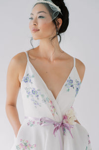 Ethically made printed silk wedding dress. Colorful unique bridal gown. Handmade in Toronto by Catherine Langlois, award winning bridal designer