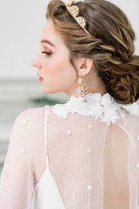Sequin tulle bridal cape with floral applique. Vintage inspired high neckline.Handmade by Catherine Langlois, Toronto, Canada