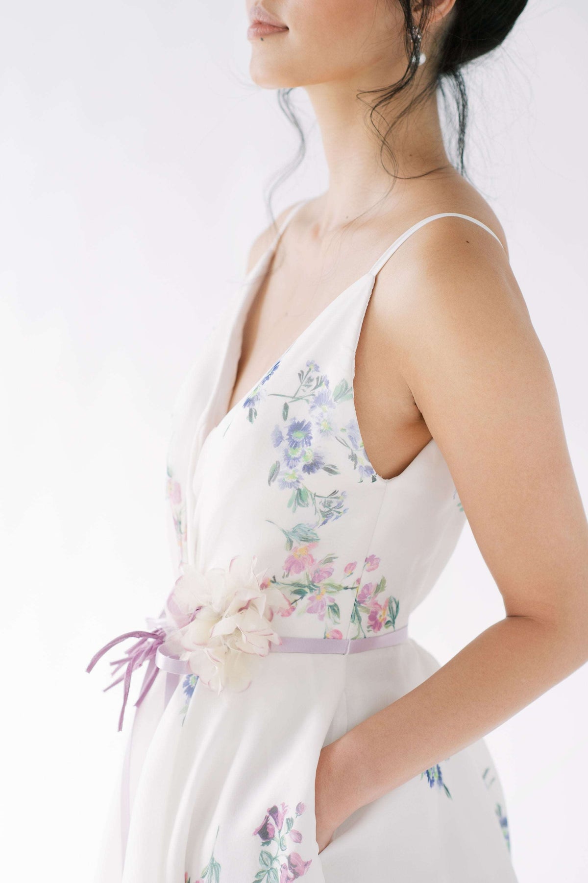 Romantic floral wedding dress. Ballgown with side slit and pockets. Lavender, pale green and white printed silk organza. .Handmade by Catherine Langlois, Toronto, Canada