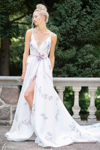 Romantic floral wedding dress. Ballgown with side slit and pockets. Lavender, pale green and white printed organza. .Handmade by Catherine Langlois, Toronto, Canada