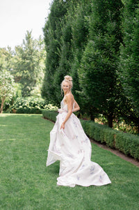Romantic floral wedding dress. Ballgown with side slit and pockets. Lavender, pale green and white.Handmade by Catherine Langlois, Toronto, Canada