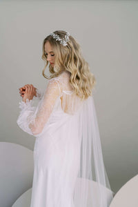 Long lace tulle wedding cape. Full poet sleeves. Handmade by Catherine Langlois, Toronto, Canada