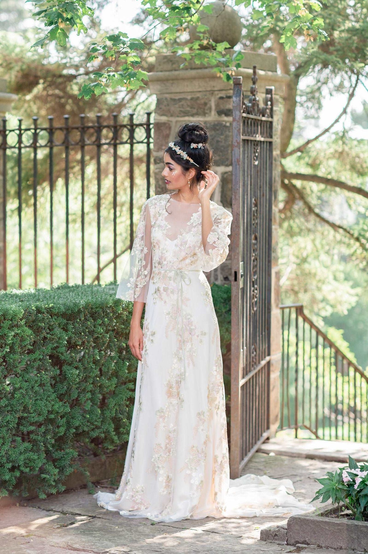 Floral wedding dress with poet sleeves. Blush, pale green and lavender. Handmade by Catherine Langlois, Toronto, Canada