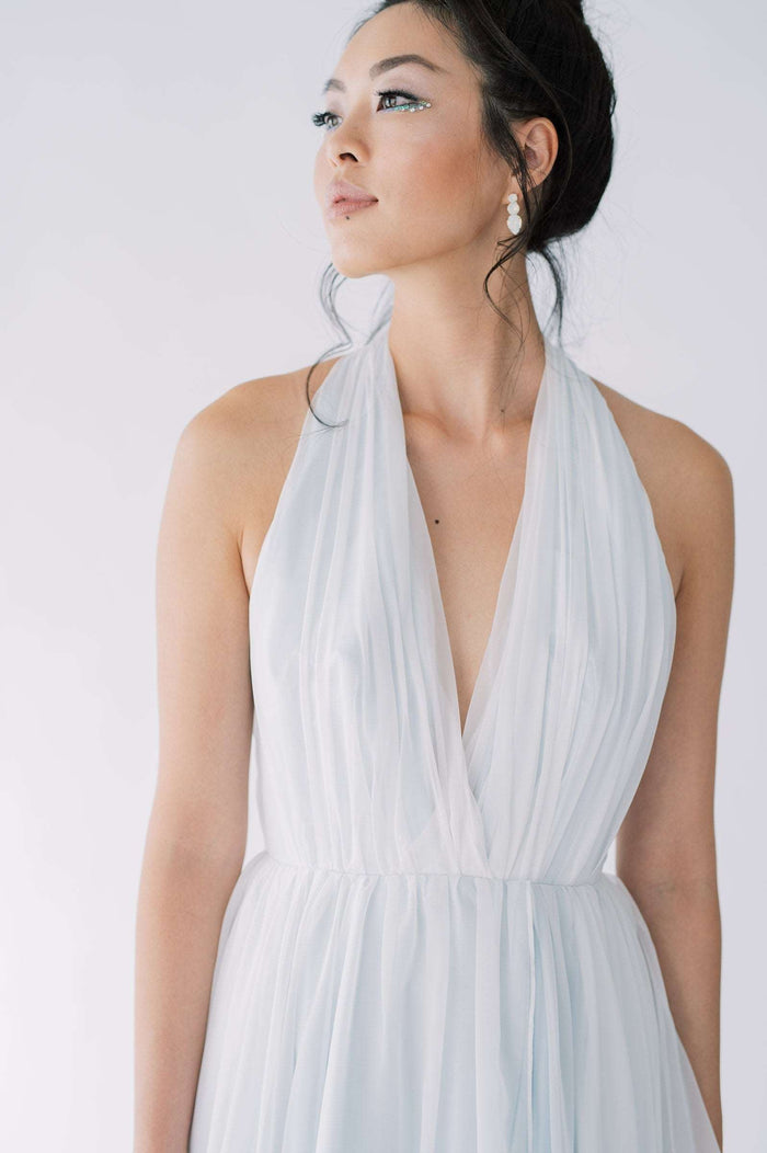 Sky blue chiffon wedding dress. Designed by Catherine Langlois, Canada.