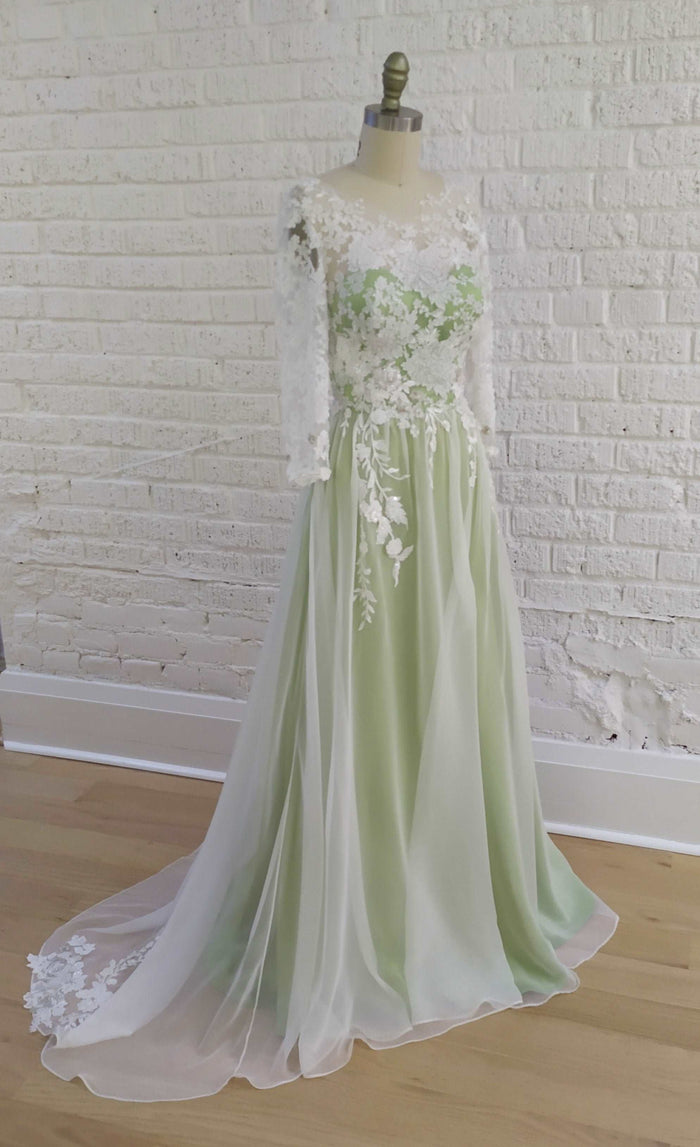 Off the rack wedding dresses. Colorful green silk wedding dress. Ready to ship. By Catherine Langlois