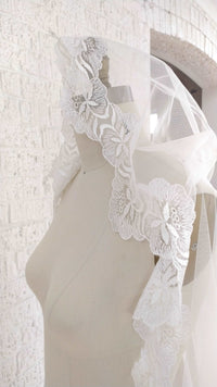 Romantic tulle and vintage lace wedding cape. Dreamy hood. Handmade by Catherine Langlois