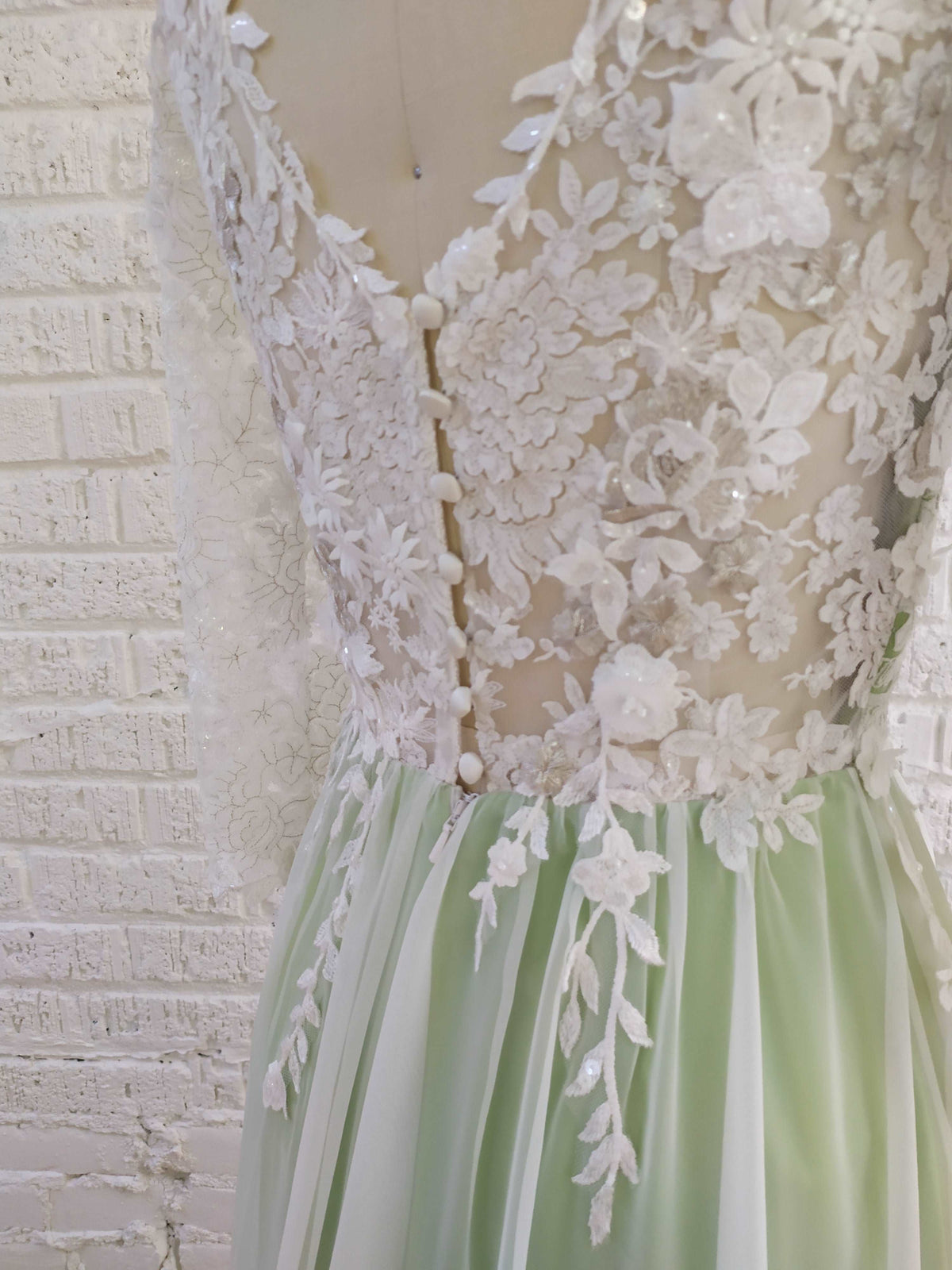 Romantic colorful green silk wedding dress. Ready to ship, size 2 petite. By Catherine Langlois