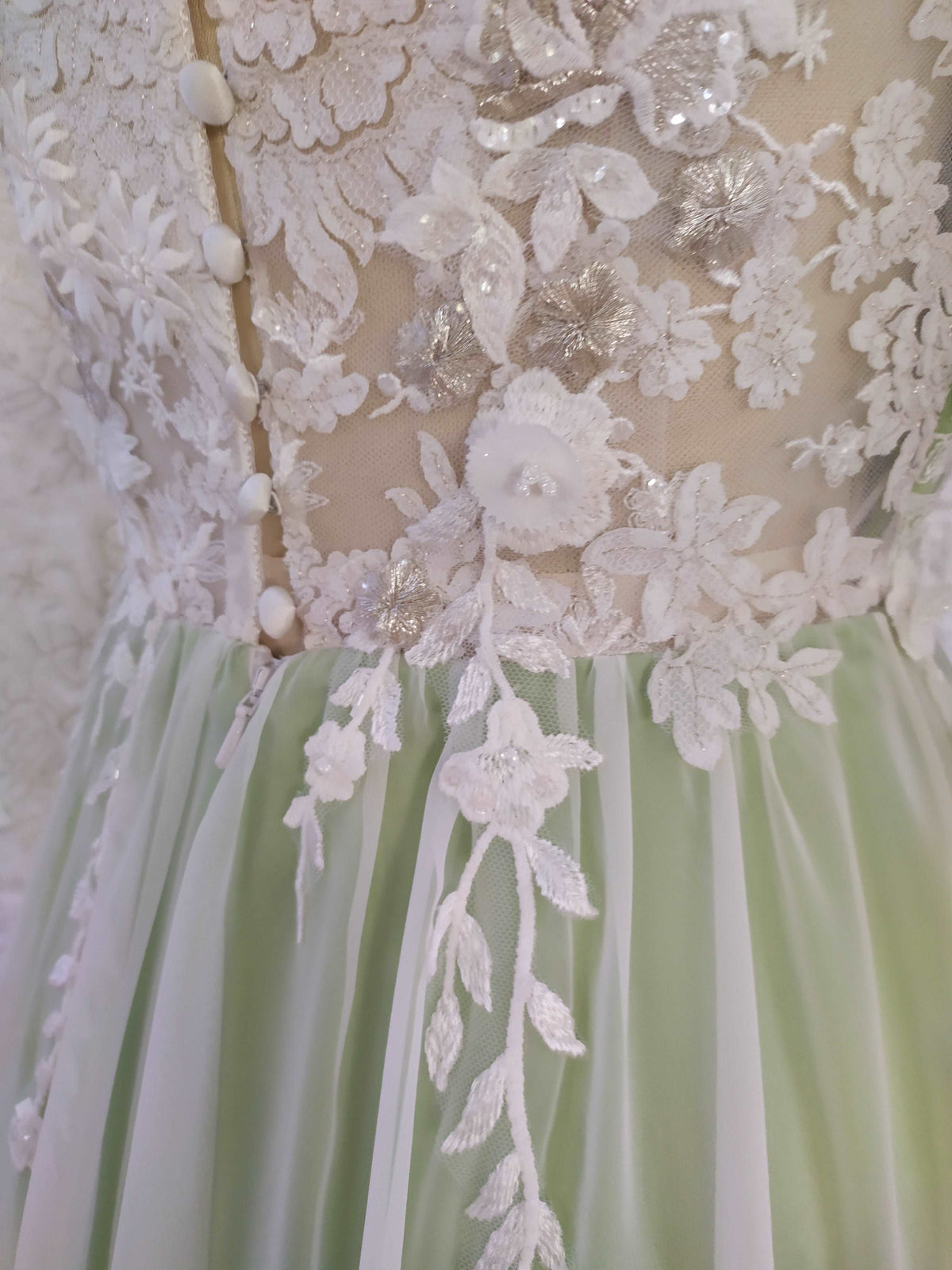 Romantic colorful green silk wedding dress with 3D floral applique. Ready to ship. By Catherine Langlois