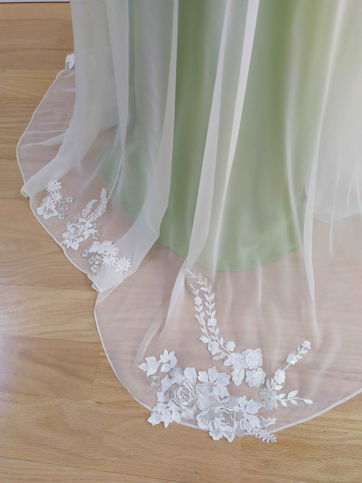Romantic colorful green silk wedding dress with 3D floral applique. Ready to ship, size 2 petite. By Catherine Langlois