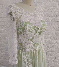 Romantic colorful green silk wedding dress with floral applique. Ready to ship. By Catherine Langlois