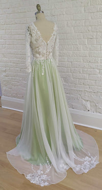 Colorful green silk wedding dress. Ready to ship, size 2 petite. By Catherine Langlois