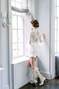 Canadian bespoke wedding dresses. Classic two piece wedding dress with a full skirt, bridal bow and lace mini dress. Custom designed  bridal gowns by Catherine Langlois in Toronto