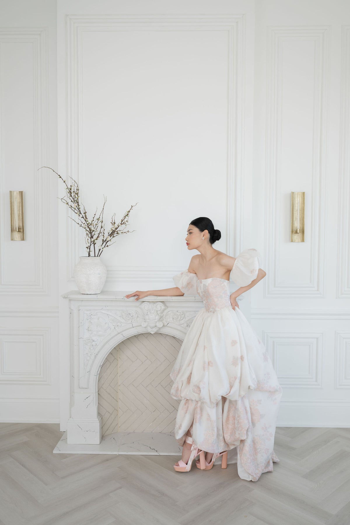 Unique high low vintage inspired wedding dress. Strapless with detachable puffed  sleeves. Pink and white jacquard. Custom made wedding dresses by Catherine Langlois, Toronto. Handmade in Canada.