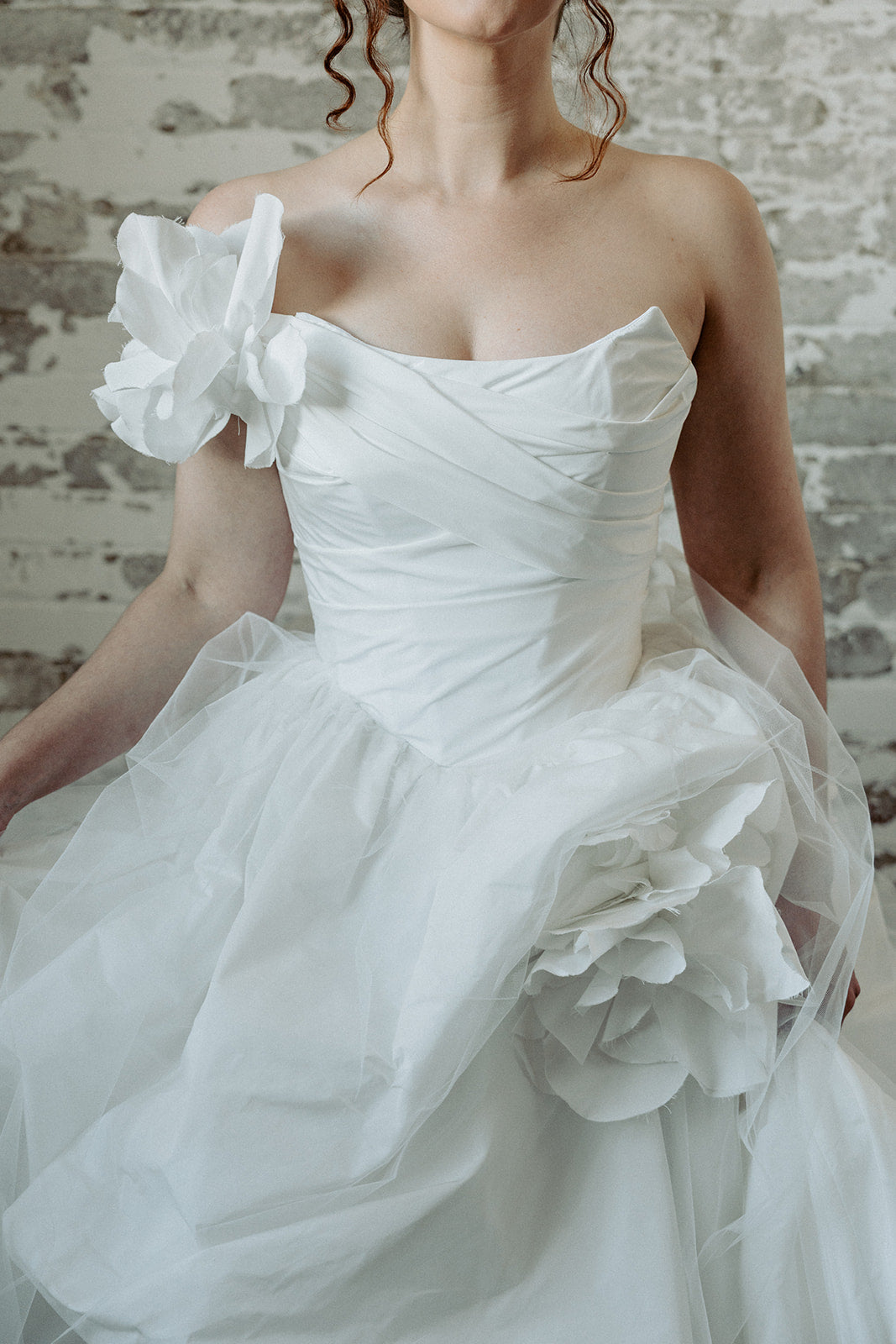 Made to measure designer taffeta corset wedding dress ballgown. Custom made in our atelier in Toronto, Canada.