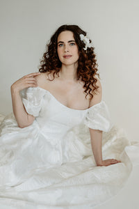 Romantic textured wedding dress. Handmade in Canada.