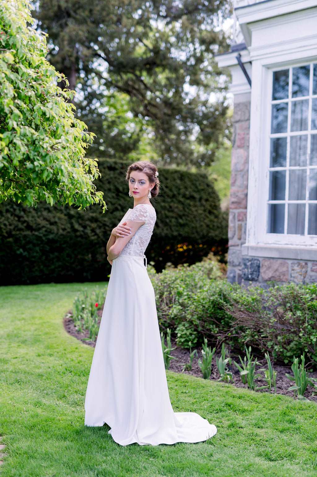 Off the rack Canadian wedding dresses. Timeless cap sleeve A line bridal gown. Custom made by Catherine Langlois. Shop our local Toronto bridal boutique.