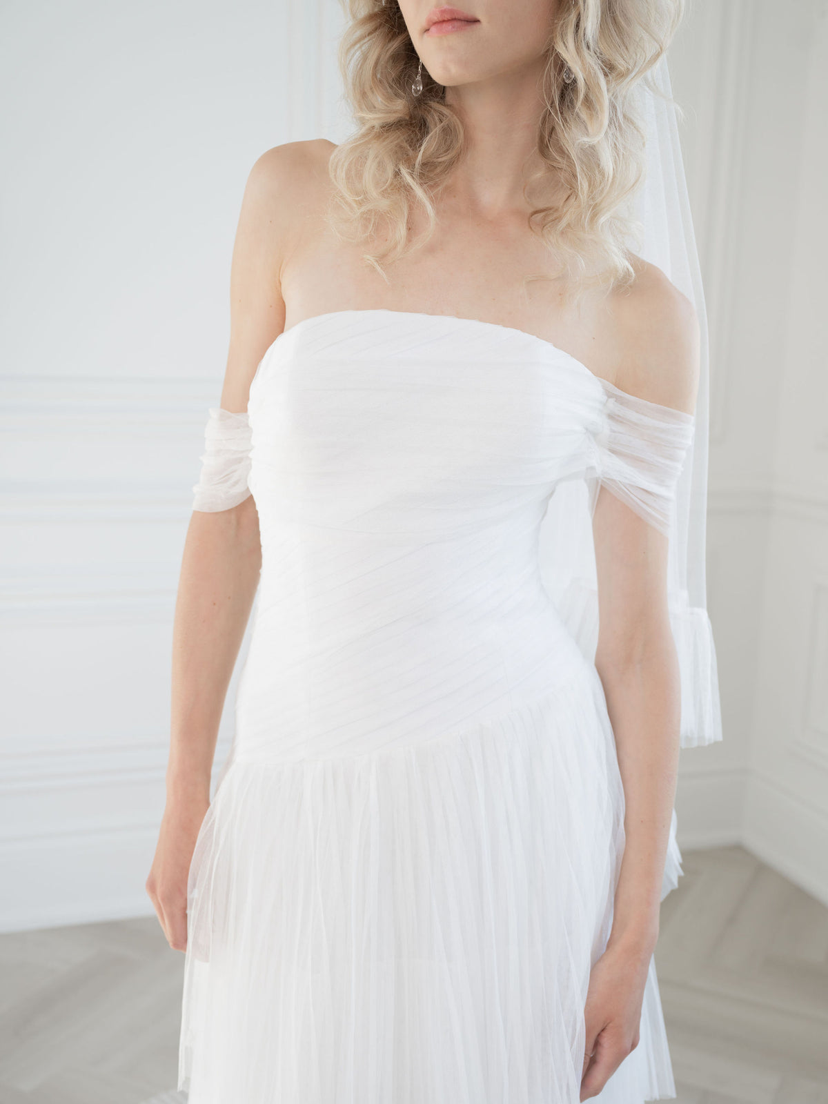 Modern pleated tulle wedding dress. Custom  made bridal gowns by Catherine Langlois, Toronto.