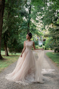 Catherine Langlois, princess wedding dress in blush and rose.