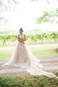 Catherine Langlois, fairy tale wedding dress in blush and rose. LoveBlooms Collection, Rose.