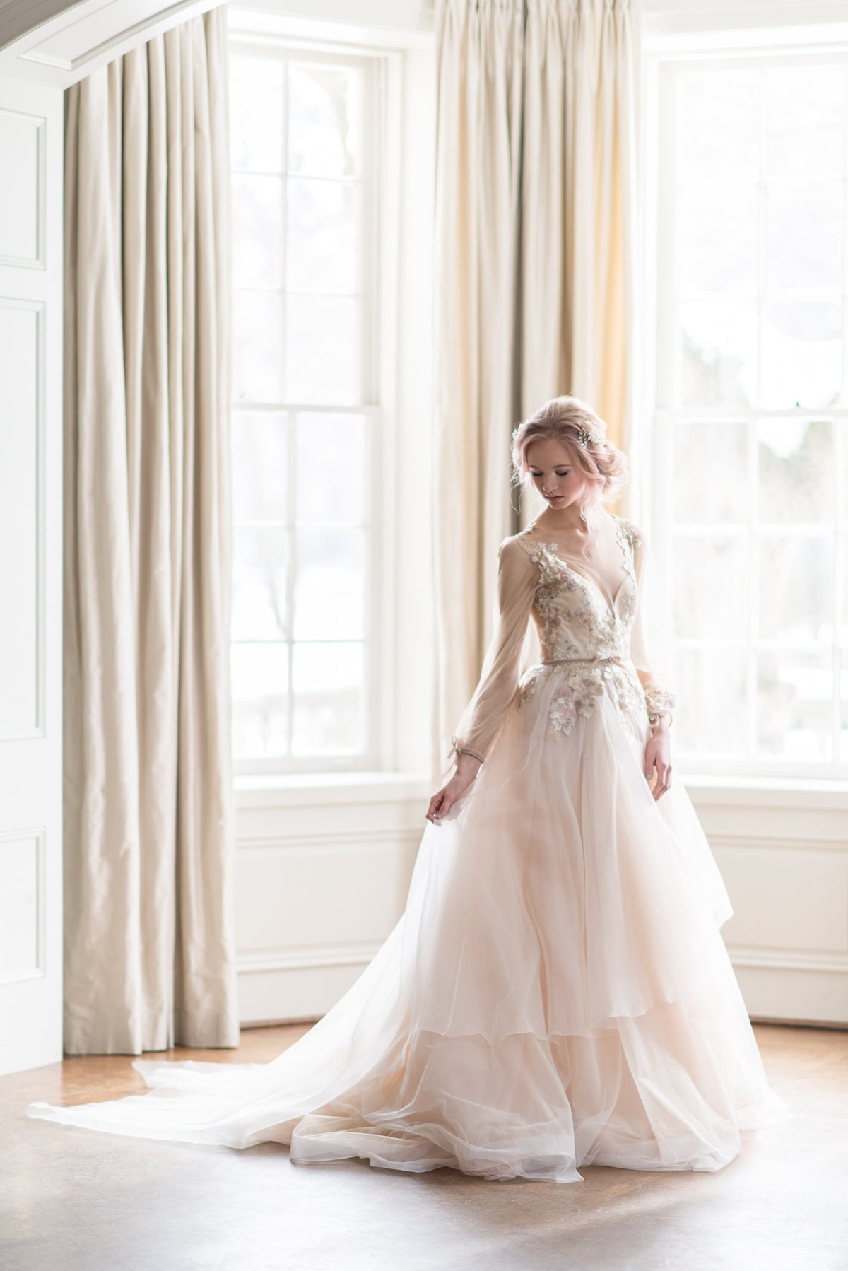 Romantic Canadian wedding dresses, Luxury custom made wedding dresses Toronto. Blush organza floral garden wedding dress.