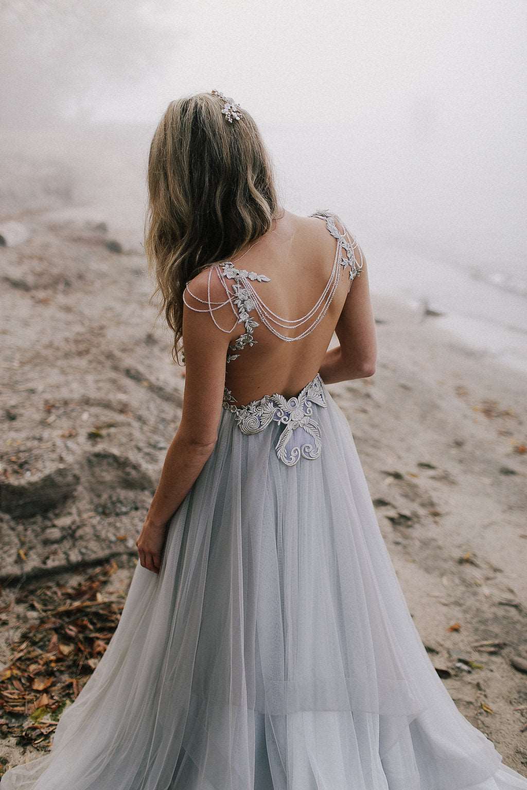 Whimsical blue grey tulle wedding dress by Catherine Langlois