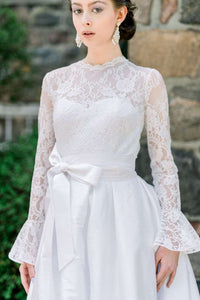 Canadian bespoke wedding dresses. Classic two piece wedding dress with a full skirt, bridal bow and lace mini dress. Designed by Catherine Langlois in Toronto