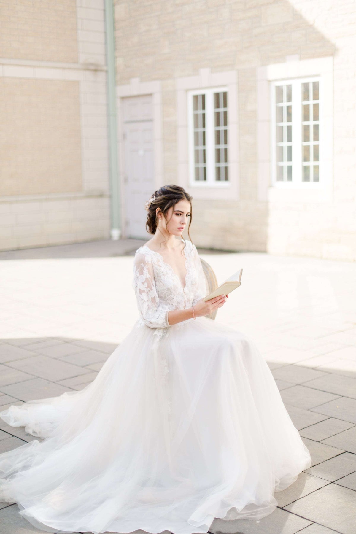 Most romantic champagne tulle wedding dress. Lace top and poet sleeves.Handmade by Catherine Langlois, Toronto, Canada