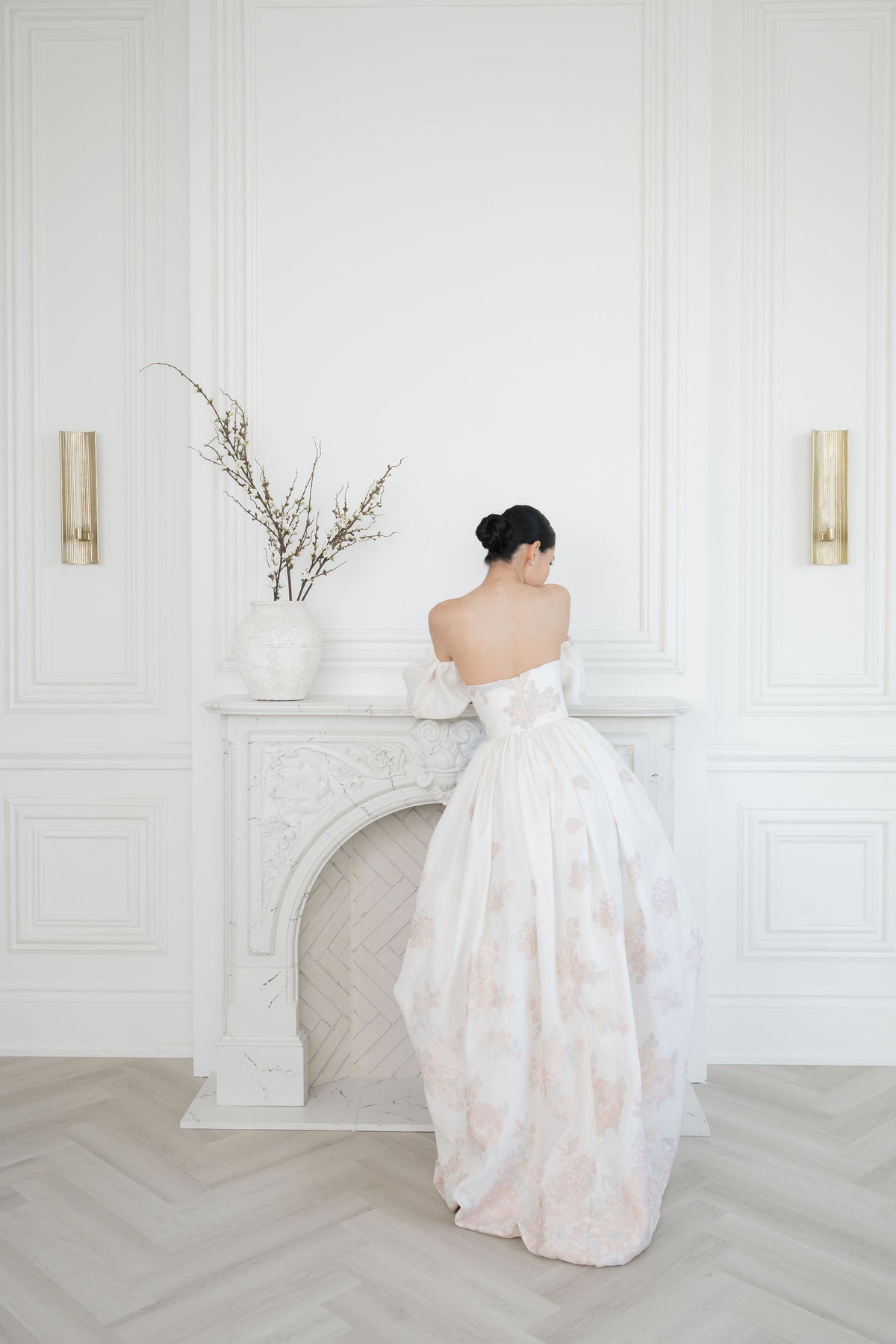 Unique high low wedding dress. Straight across strapless with detachable sleeves. Custom made bridal gowns by Catherine Langlois, Toronto. Handmade in Canada.