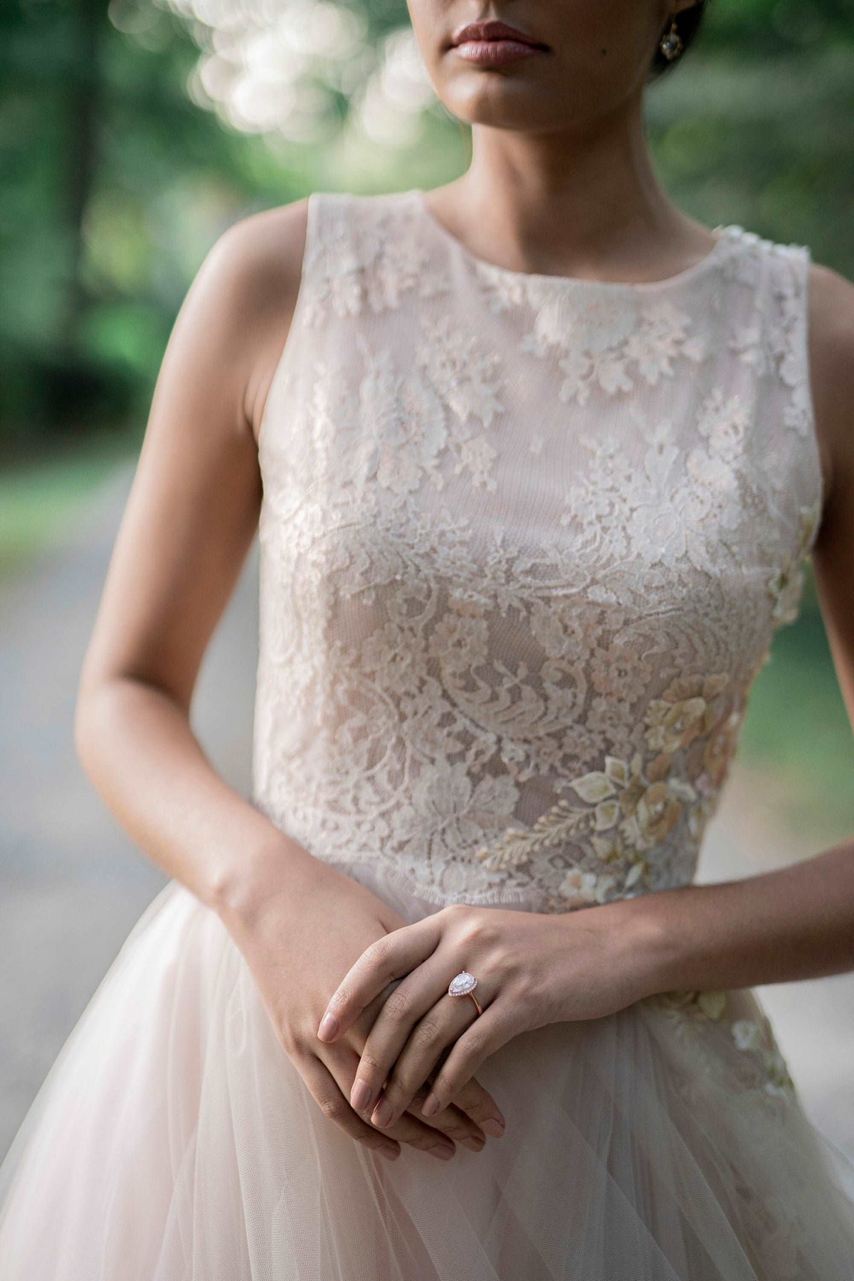Catherine Langlois, unique blush rose wedding dress with floral applique.