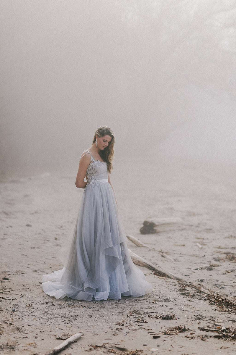 Whimsical blue grey tulle wedding dress by Catherine Langlois