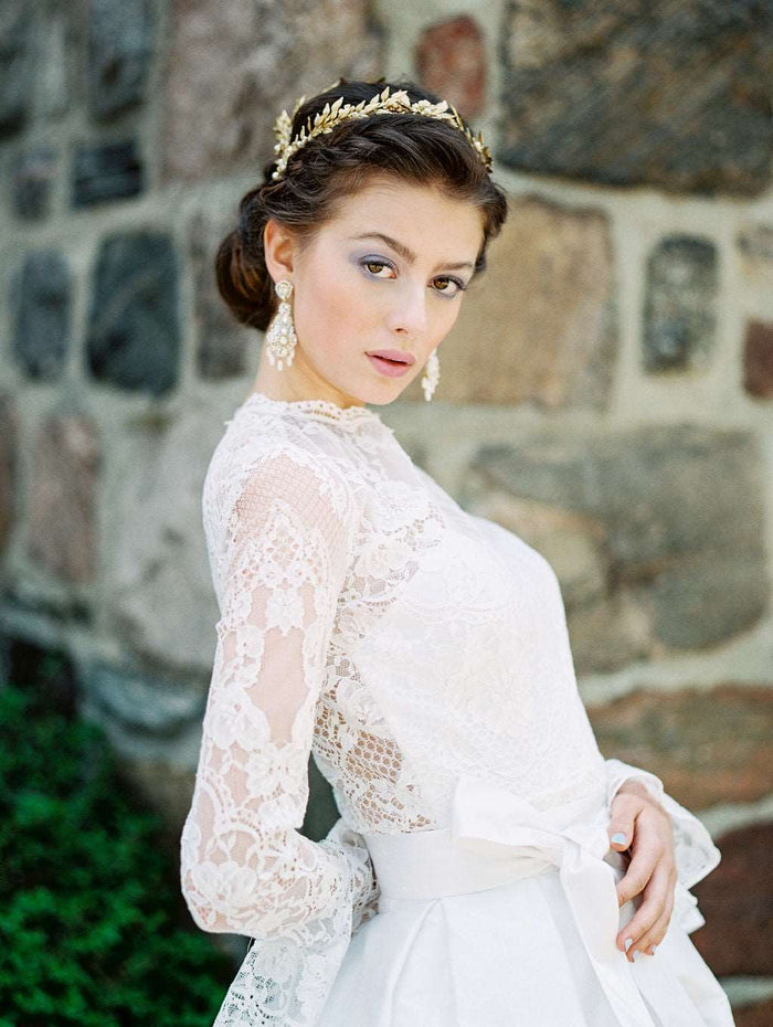 Canadian luxury wedding dresses. Classic two piece wedding dress with a full skirt and lace mini dress. Designed by Catherine Langlois in Toronto