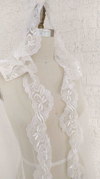 Romantic tulle and lace wedding cape. Dreamy hood. Handmade by Catherine Langlois