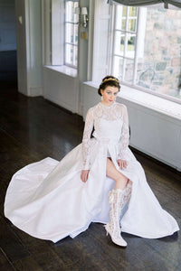 Canadian bespoke wedding dresses. Classic two piece wedding dress with a full skirt and lace mini dress. Handmade by Catherine Langlois in Toronto
