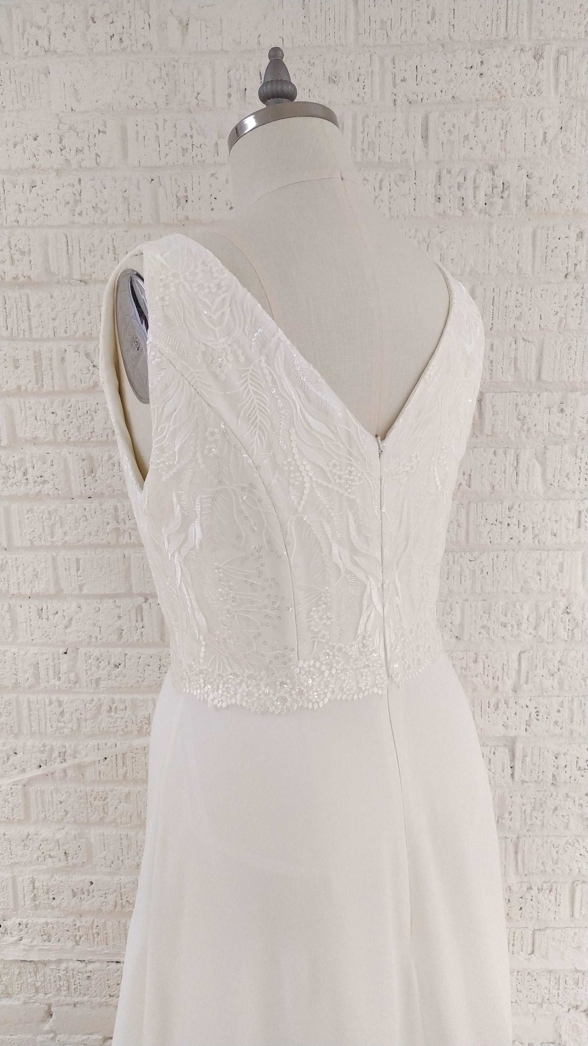 Canadian wedding dress. Off the rack wedding dress. Size US 14. Crepe fit and flare simple wedding gown. Handmade in our Toronto bridal boutique..