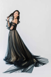 Orchid, black tulle wedding dress. Goth chic with a hint of whimsy. Unique wedding dress for unconventional brides. Catherine Langlois, Toronto, Canada.