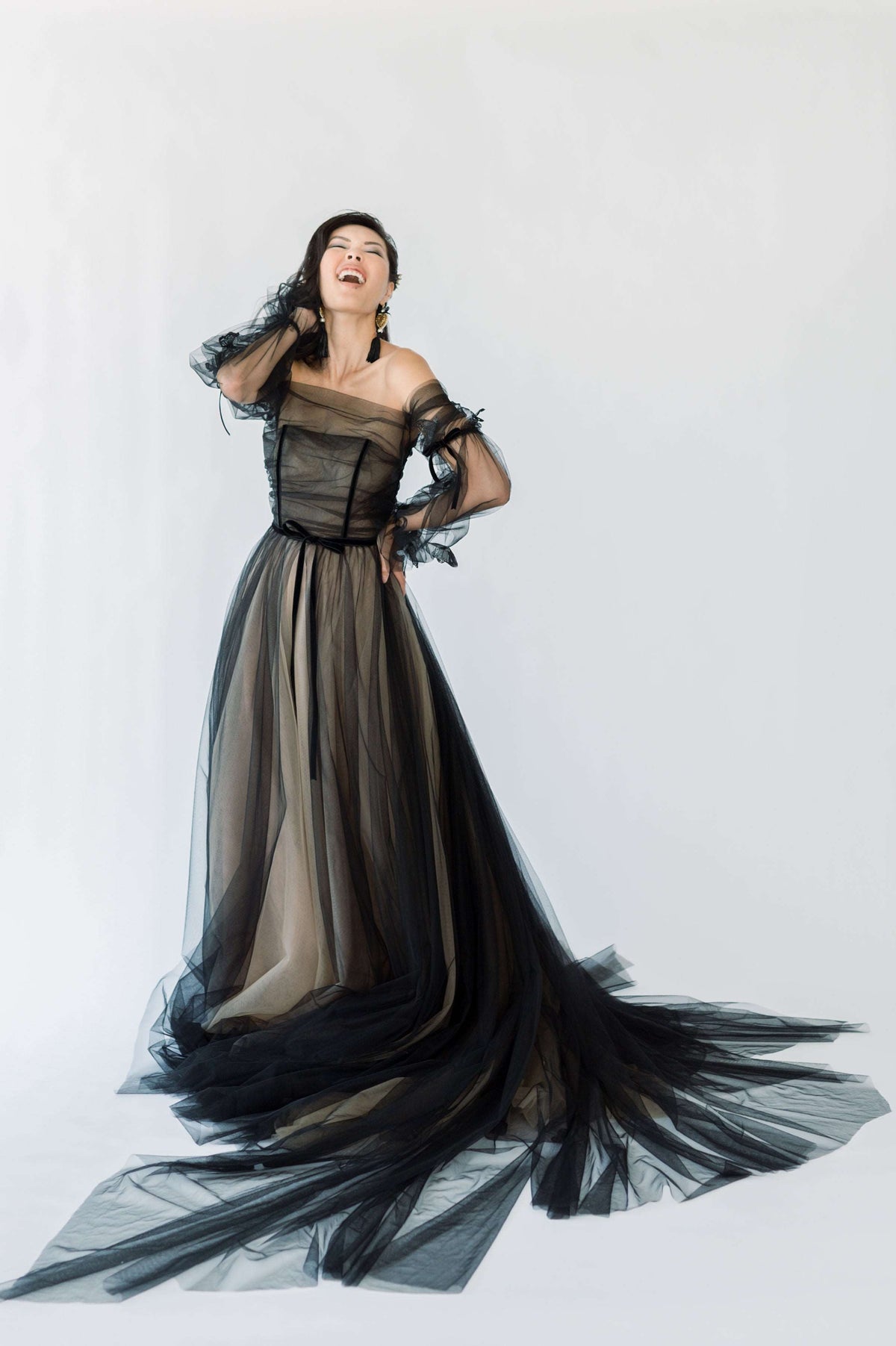 Black tulle wedding dress. Goth chic with a hint of whimsy. Unique wedding dress for unconventional brides. custom made by Catherine Langlois, Toronto, Canada.