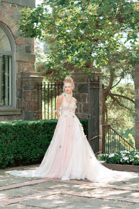 Whimsical and romantic fairy tail inspired pink wedding dress for unconventionally cool brides. Off the shoulder ballgown. Custom made wedding dress by Catherine Langlois, Toronto, Canada