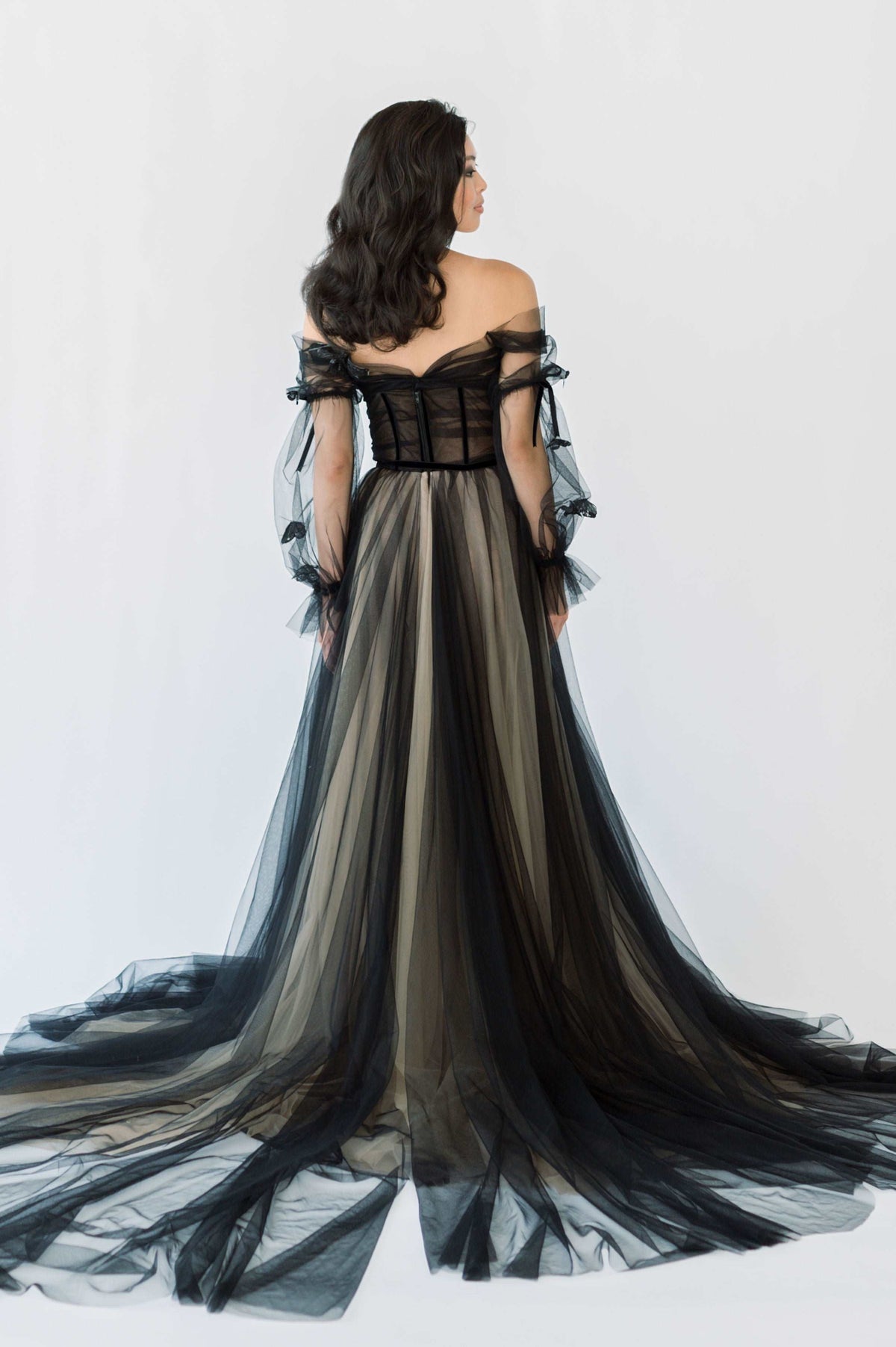 Dramatic black tulle wedding dress. Goth chic with a hint of whimsy. Unique wedding dress for unconventional brides. custom made wedding dress by Catherine Langlois, Toronto, Canada.