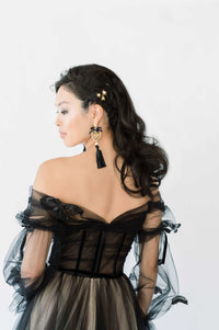 Orchid, black tulle alternative wedding dress. Goth core with a hint of whimsy. Unique wedding dress for unconventional brides. Catherine Langlois, Canada.