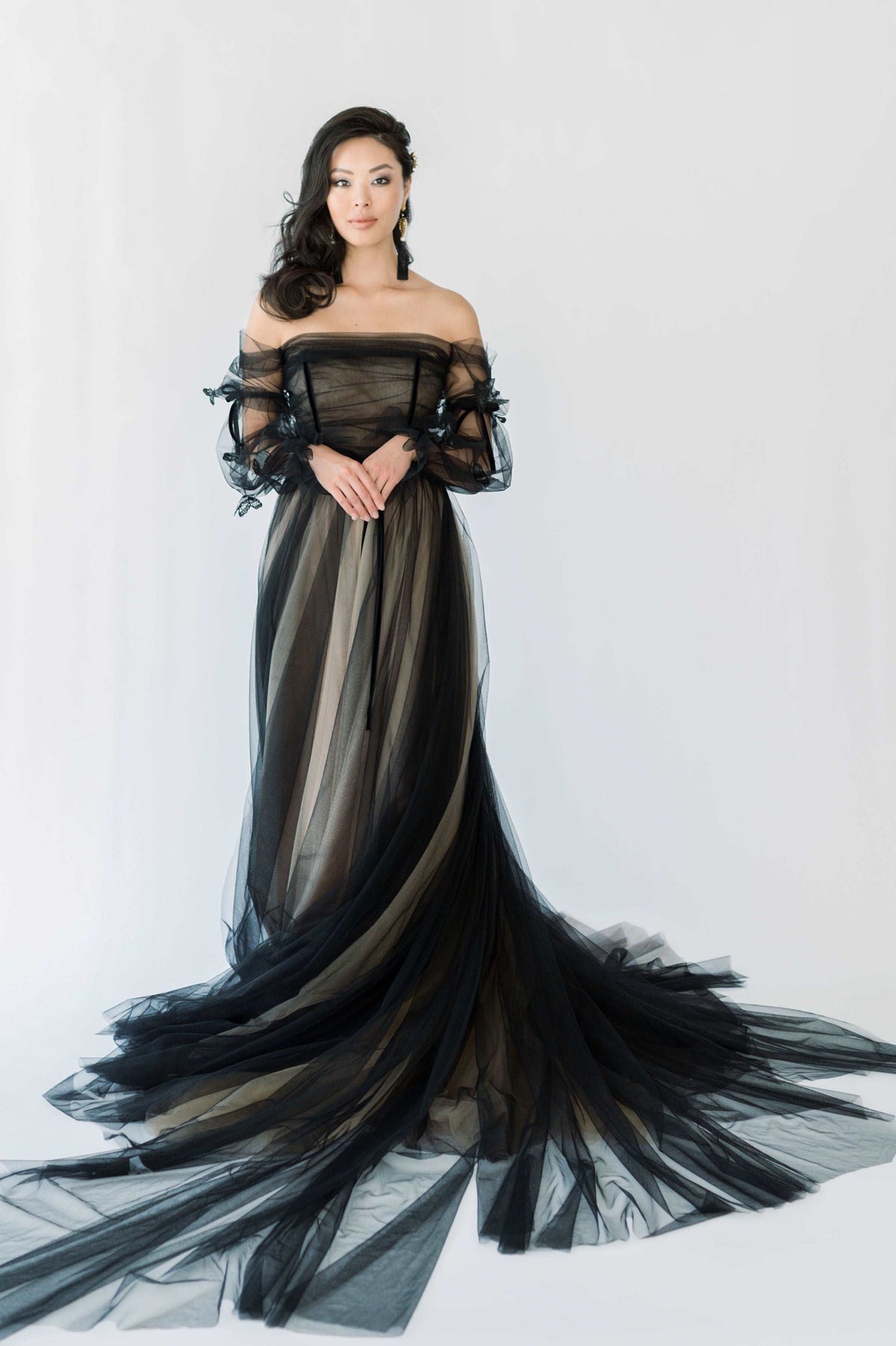 Orchid, black tulle alternative wedding gown. Goth core with a hint of whimsy. Unique wedding dress for unconventional brides. Catherine Langlois, Canada.