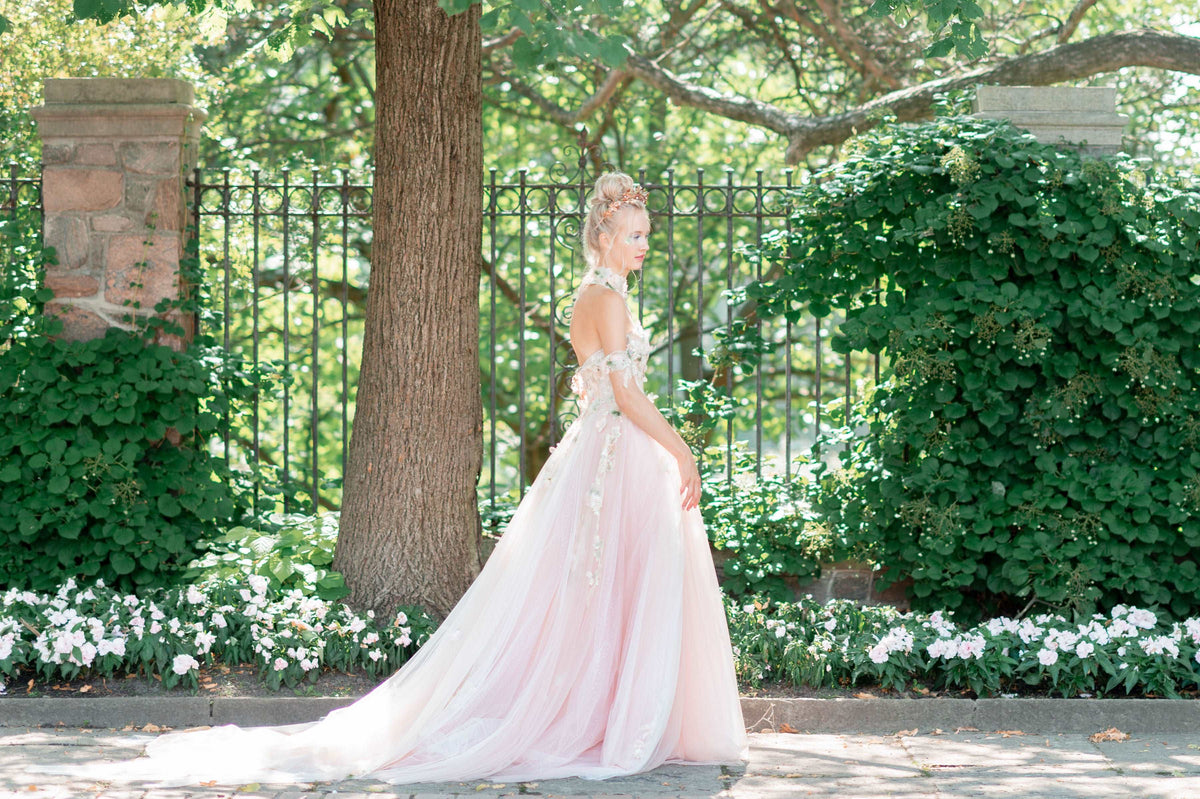 Whimsical romantic  fairy core inspired pink wedding dress for unconventionally cool brides. Custom made wedding dress by Catherine Langlois, Toronto, Canada