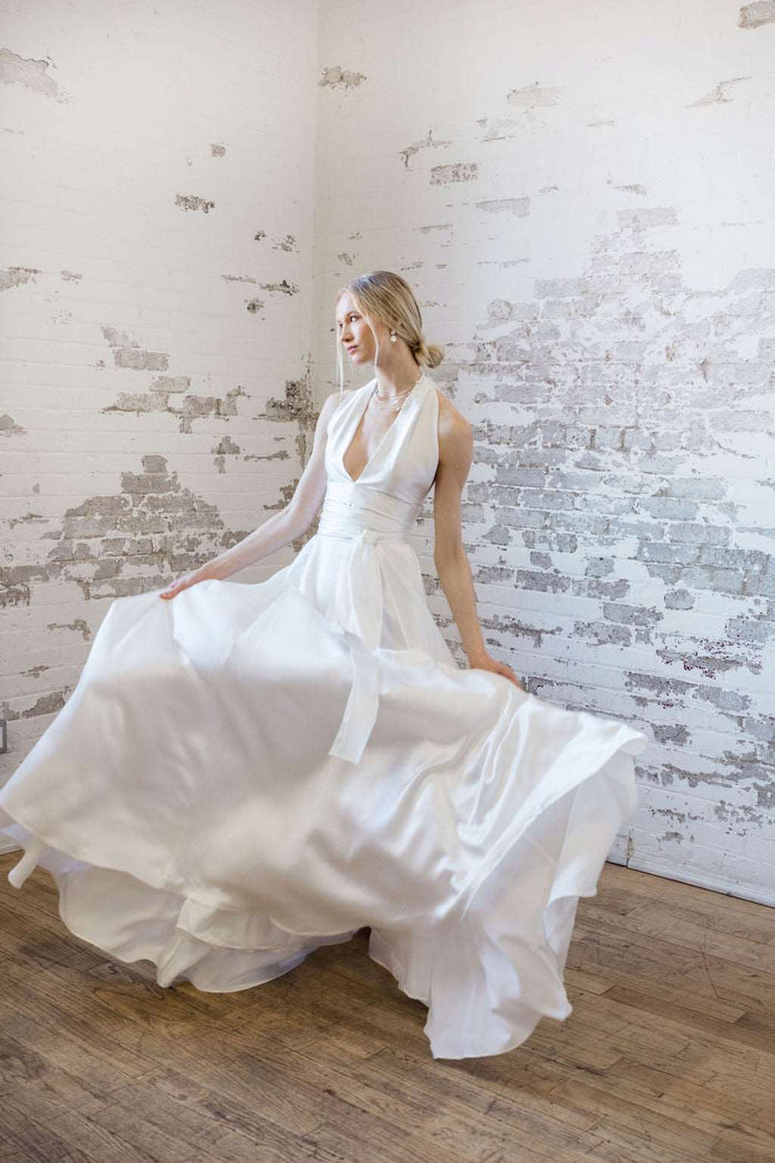 Modern Canadian bridal separates. Satin bridal skirt. Made in our local Toronto bridal shop.