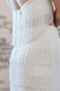 Modern fringe beaded wedding mini skirt. Made in Canada by Catherine Langlois.