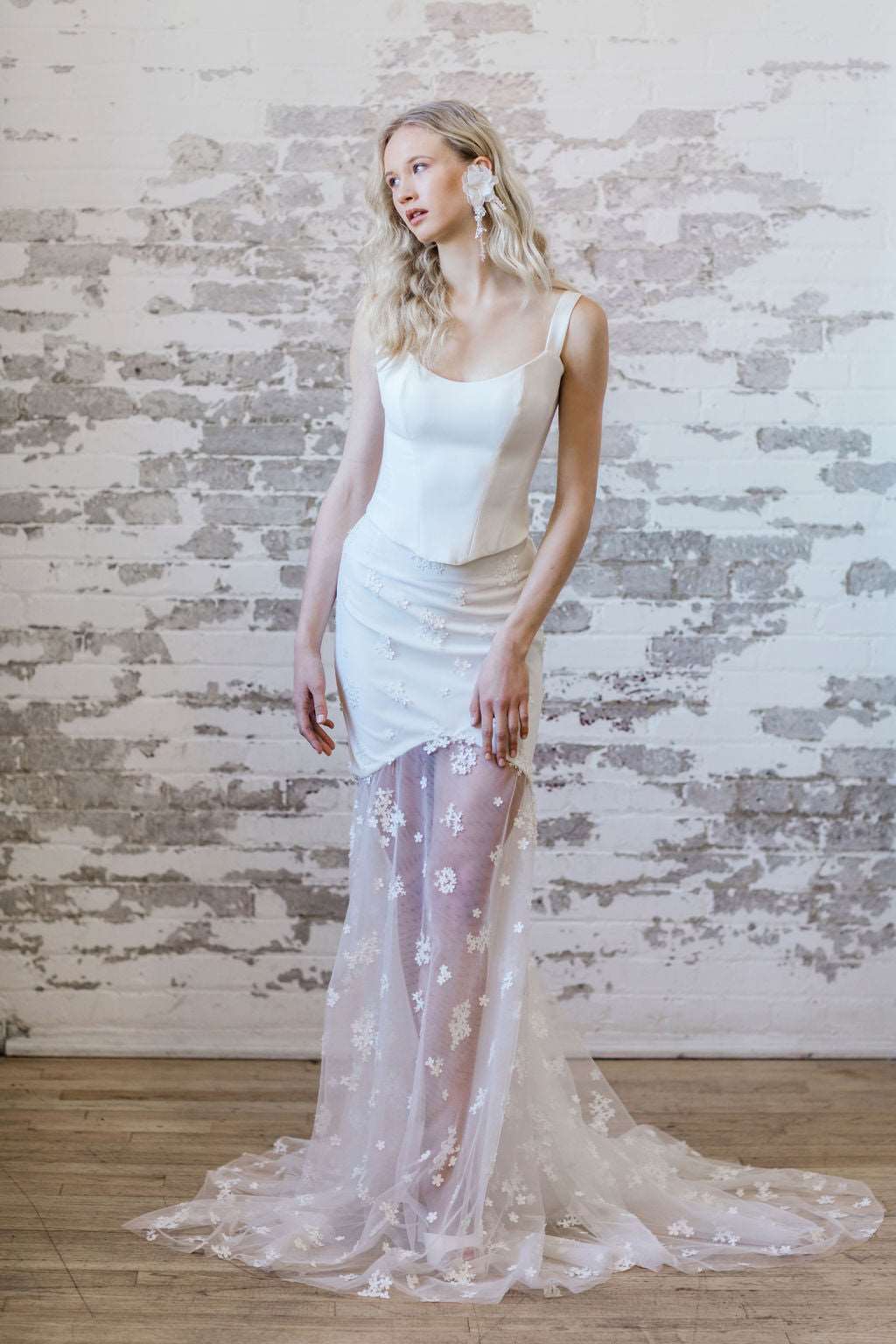 Modern sheer floral 3D lace wedding skirt. Romantic wedding separates. Handmade in Toronto,Canada.