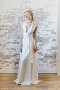Modern bridal separates. Satin bridal halter wrap top and skirt. Made in Canada.